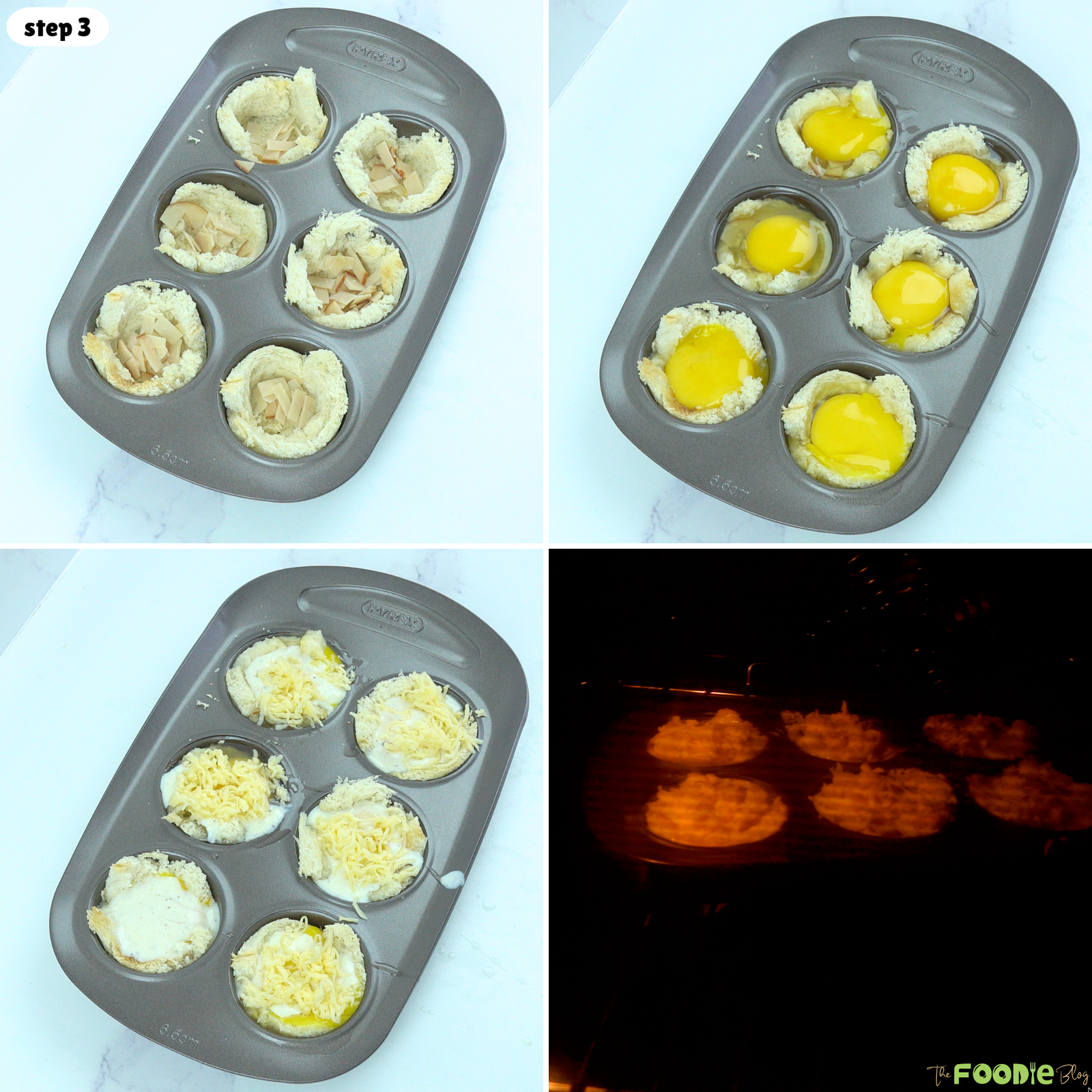 Step-by-step process for filling bread cups with ham, eggs, cheese sauce, and grated cheese before baking.
