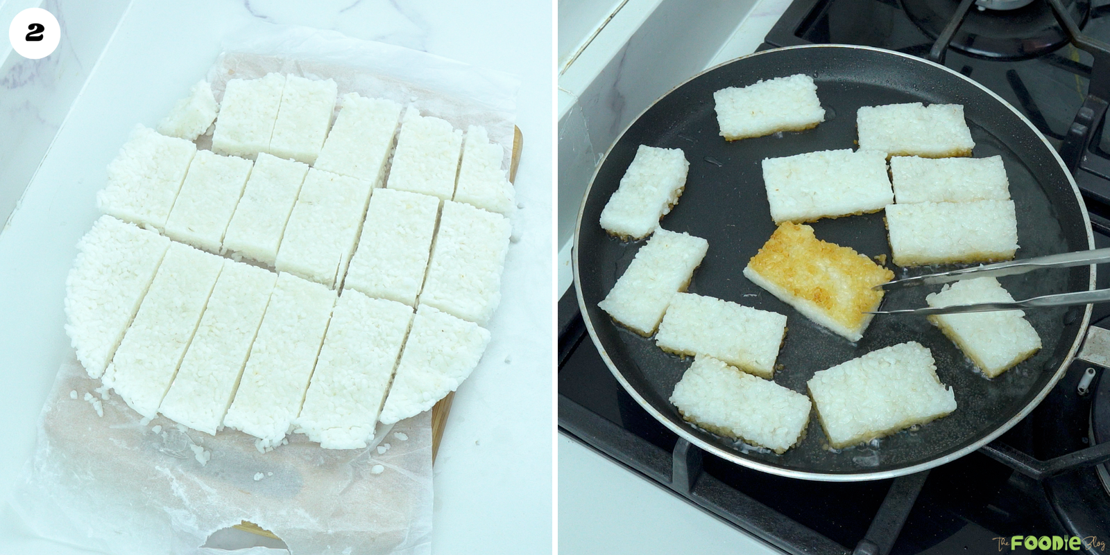 Step-by-step collage showing chilled sushi rice cut into rectangles and pan-fried until golden.
