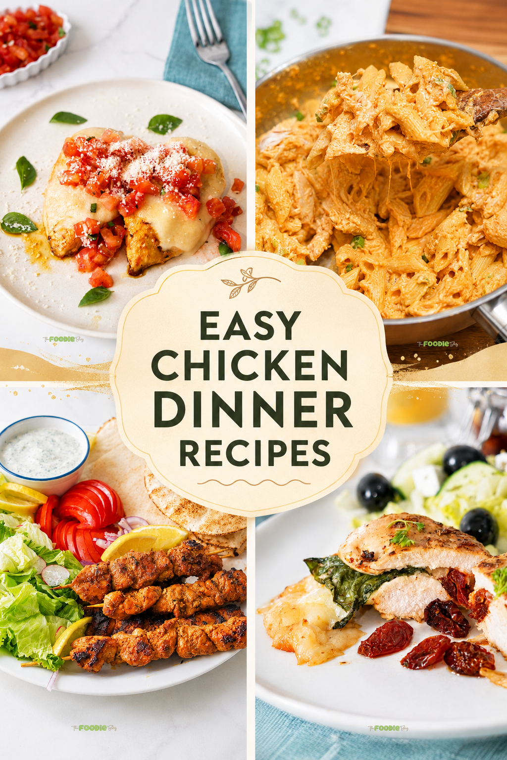 Collage of easy chicken dinner recipes including bruschetta chicken, buffalo chicken pasta, chicken skewers, and stuffed chicken breast.