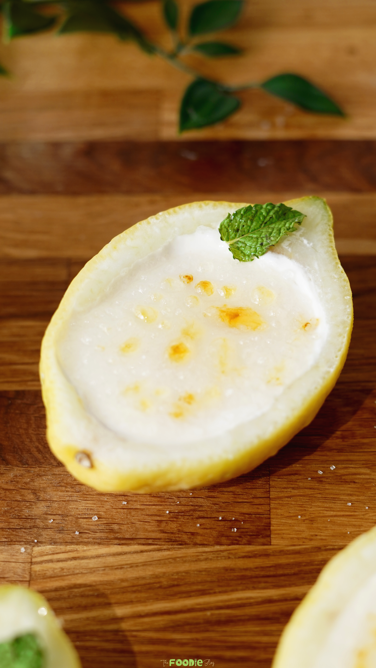 Creamy lemon posset in a fresh lemon shell topped with caramelized sugar and a mint leaf.
