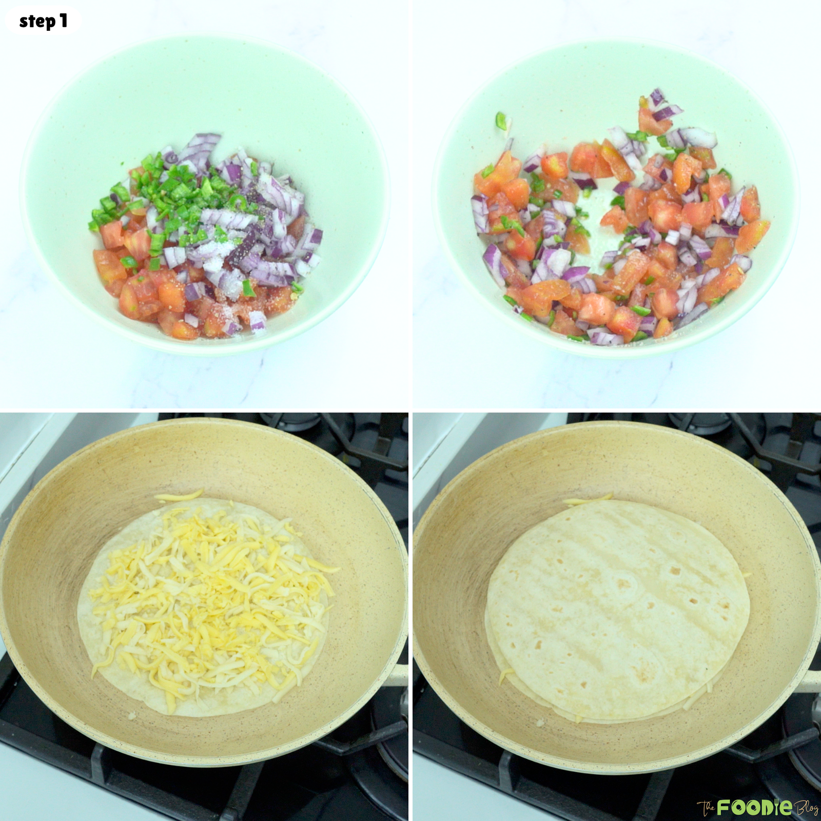 Step-by-step process for making tomato jalapeño topping and adding cheese between tortillas in a skillet.