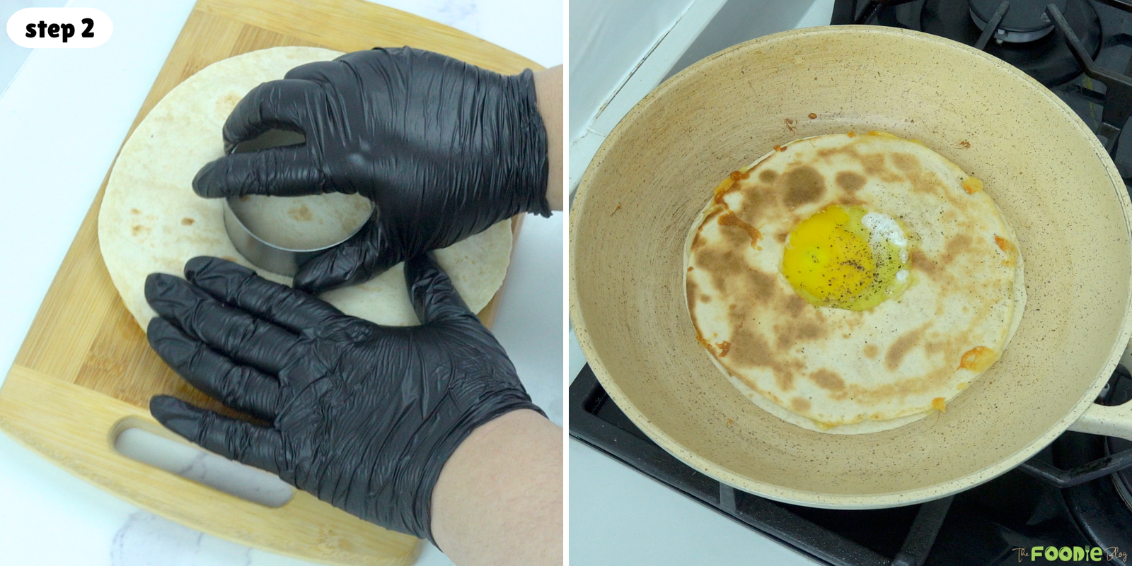 Step-by-step process showing a hole cut in a tortilla and an egg cooked in the center of the quesadilla.