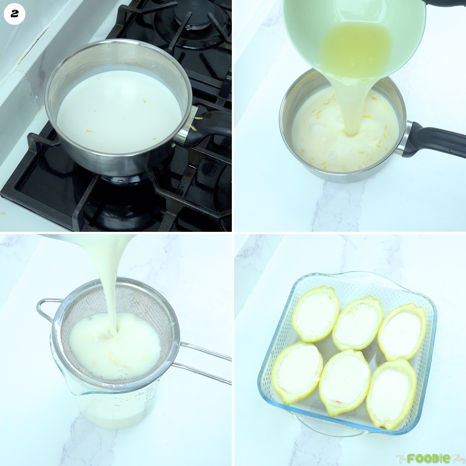 Warm lemon cream being combined with lemon juice, strained, and poured into hollow lemon shells.