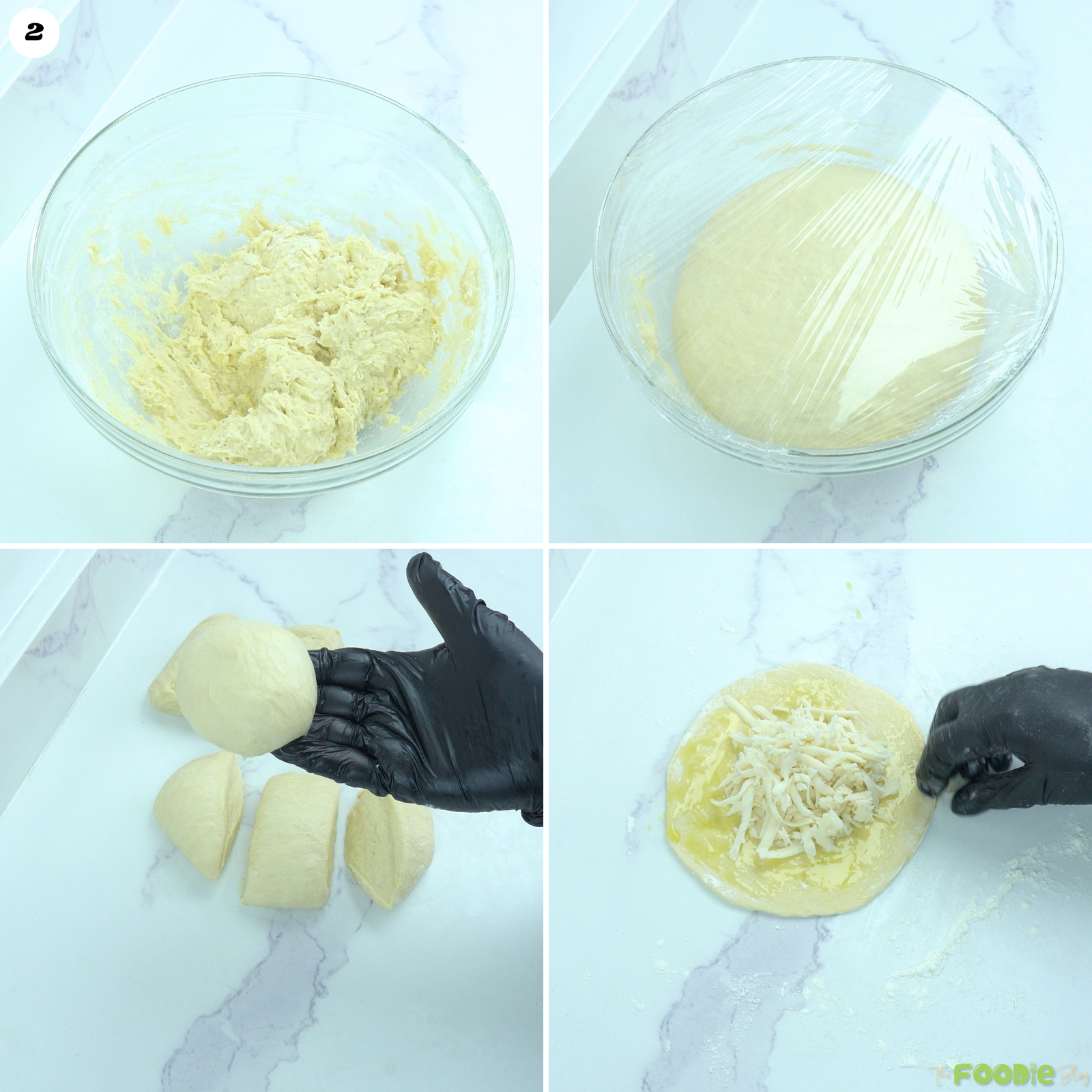 Step-by-step collage showing risen naan dough divided into portions and filled with shredded mozzarella cheese.
