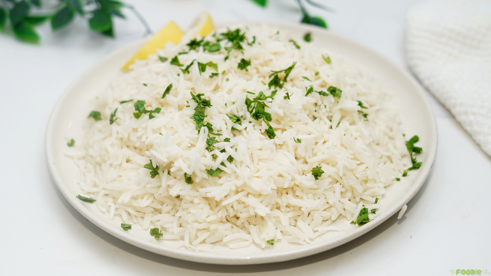 Close-up of fluffy coconut rice with parsley in a shallow bowl.