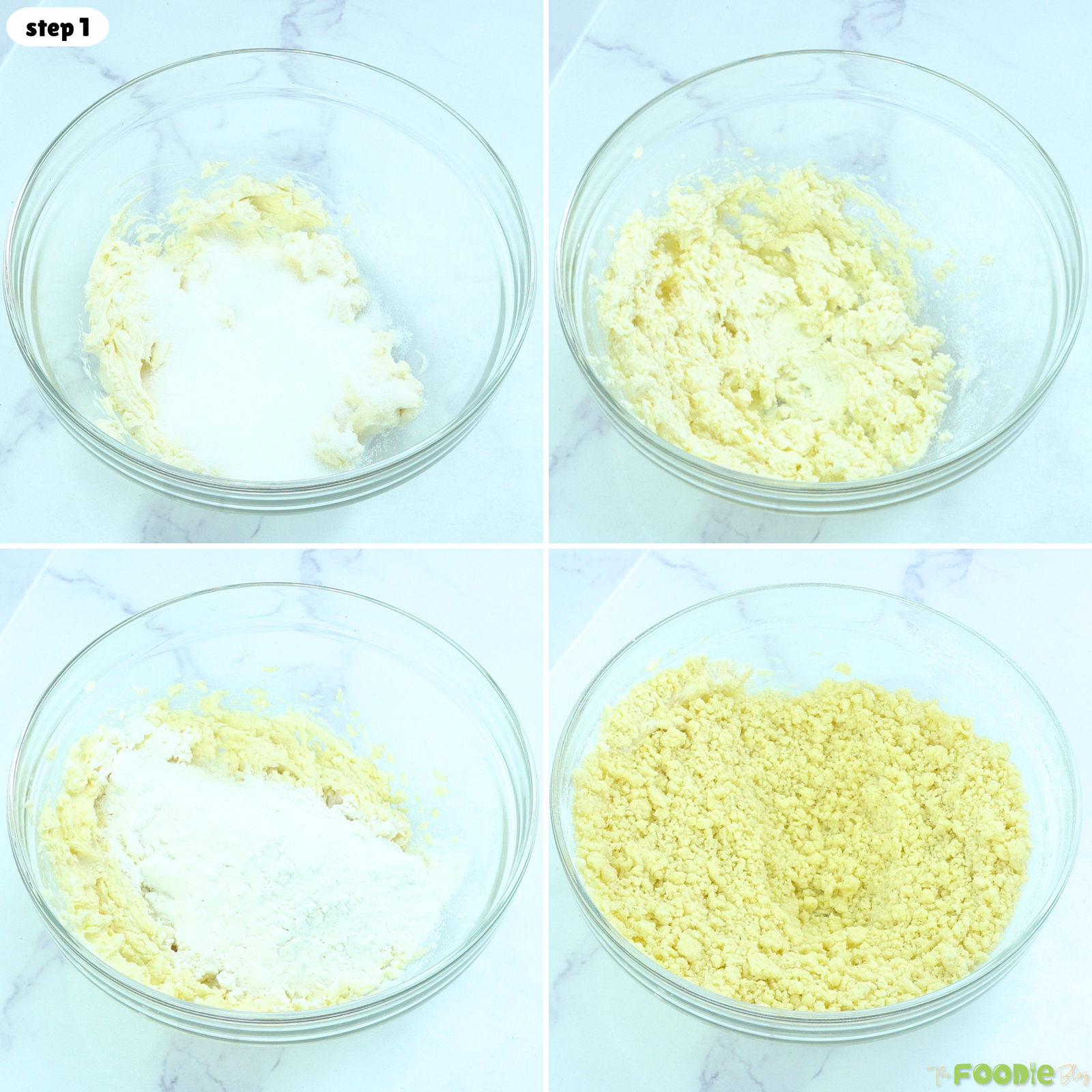 Step-by-step process for mixing Galettes Bretonnes dough with butter, sugar, and flour.