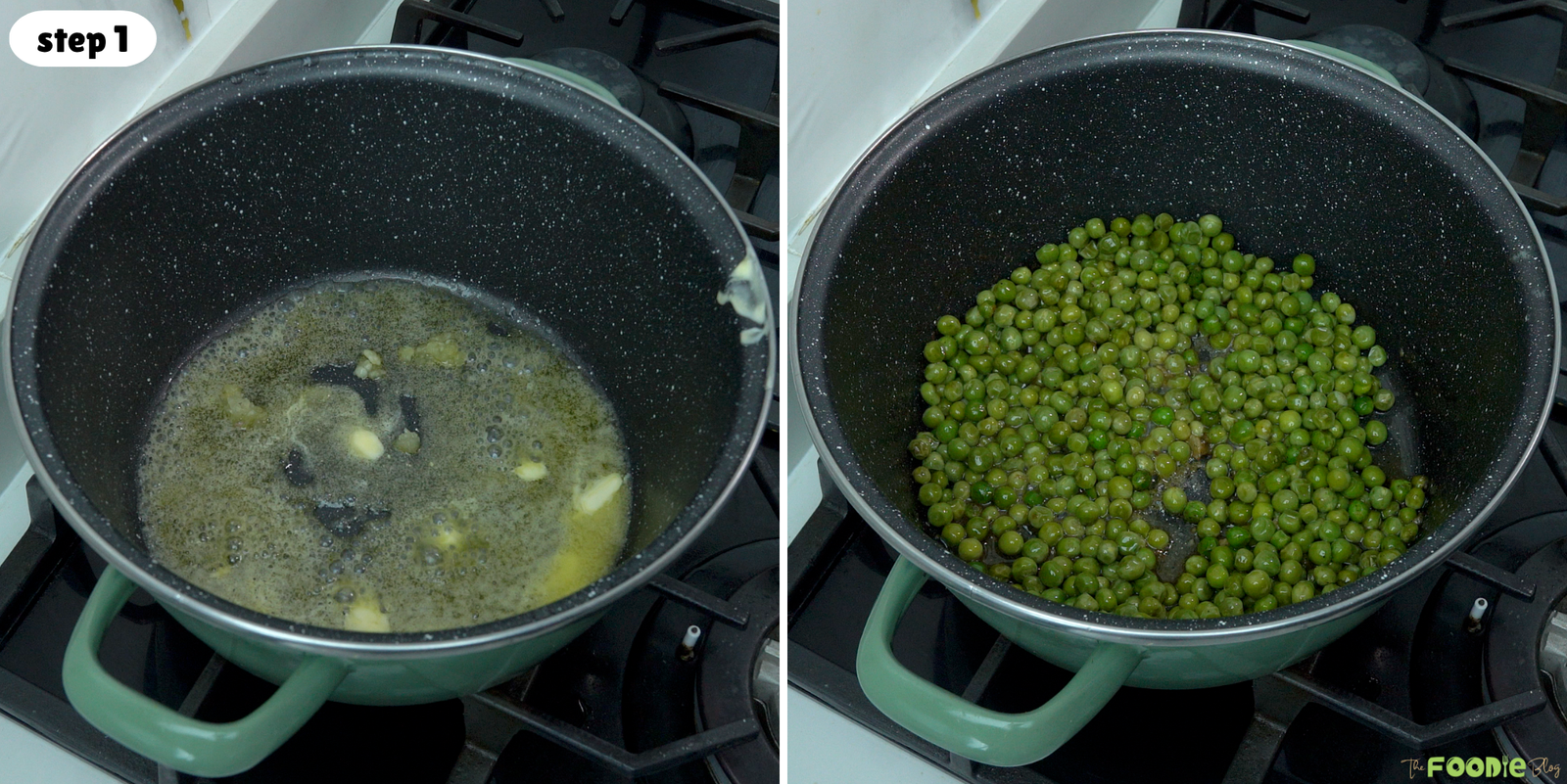 Melted butter and garlic in a pot beside frozen peas cooking in the same pot.