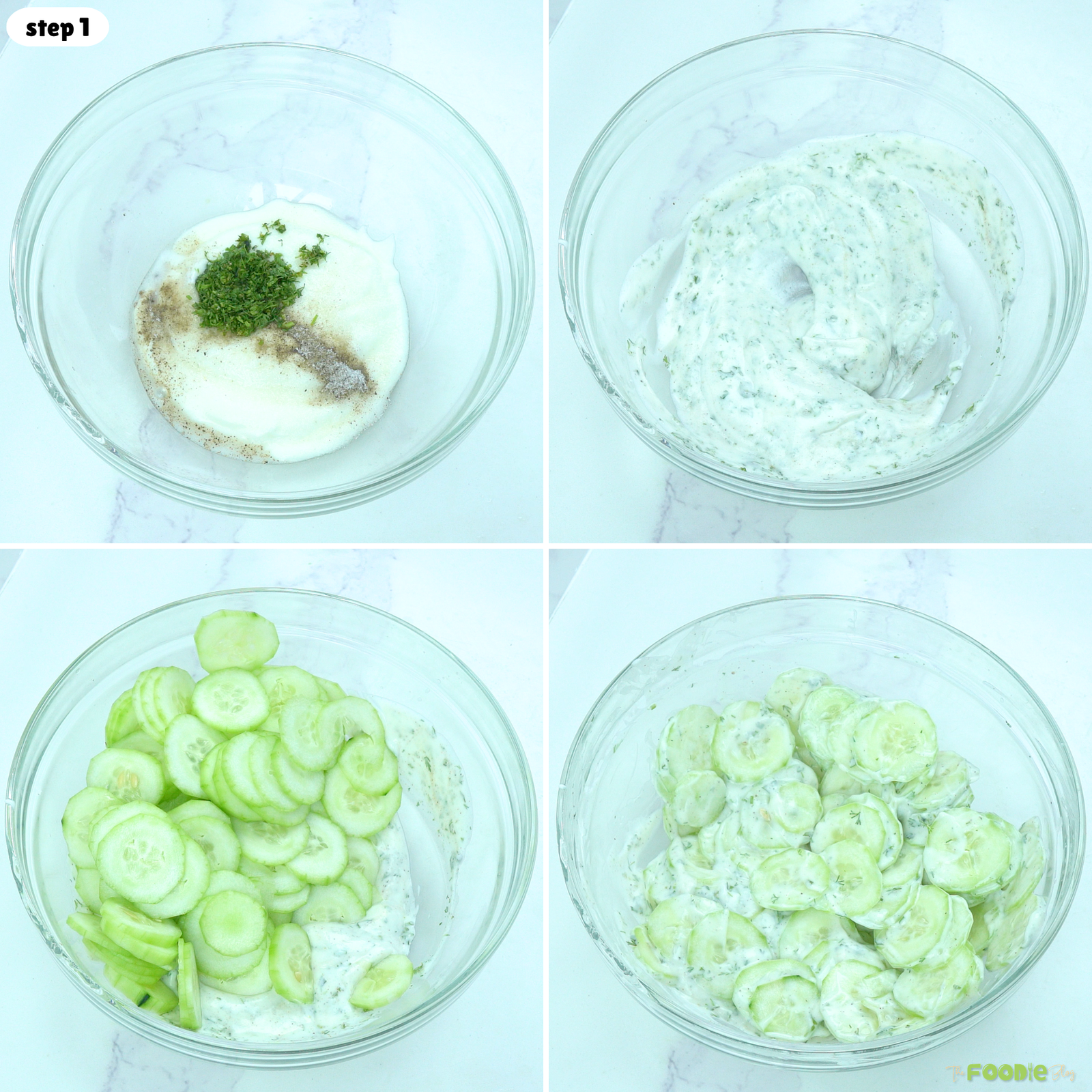 Sour cream, fresh dill, white vinegar, sugar, salt, and black pepper mixed before adding sliced cucumbers.