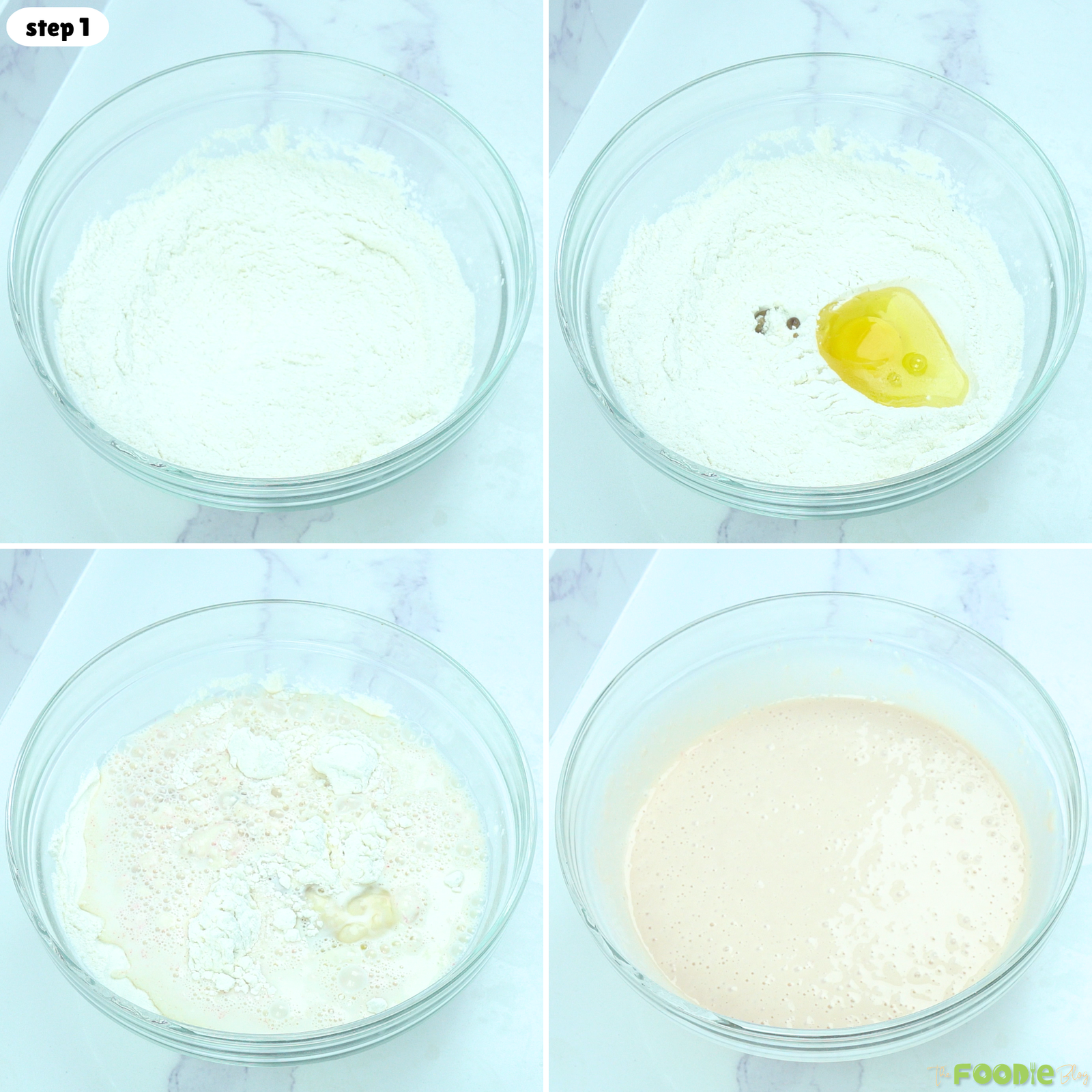 Step-by-step collage showing flour, egg, milk, and pancake batter mixed in a bowl.