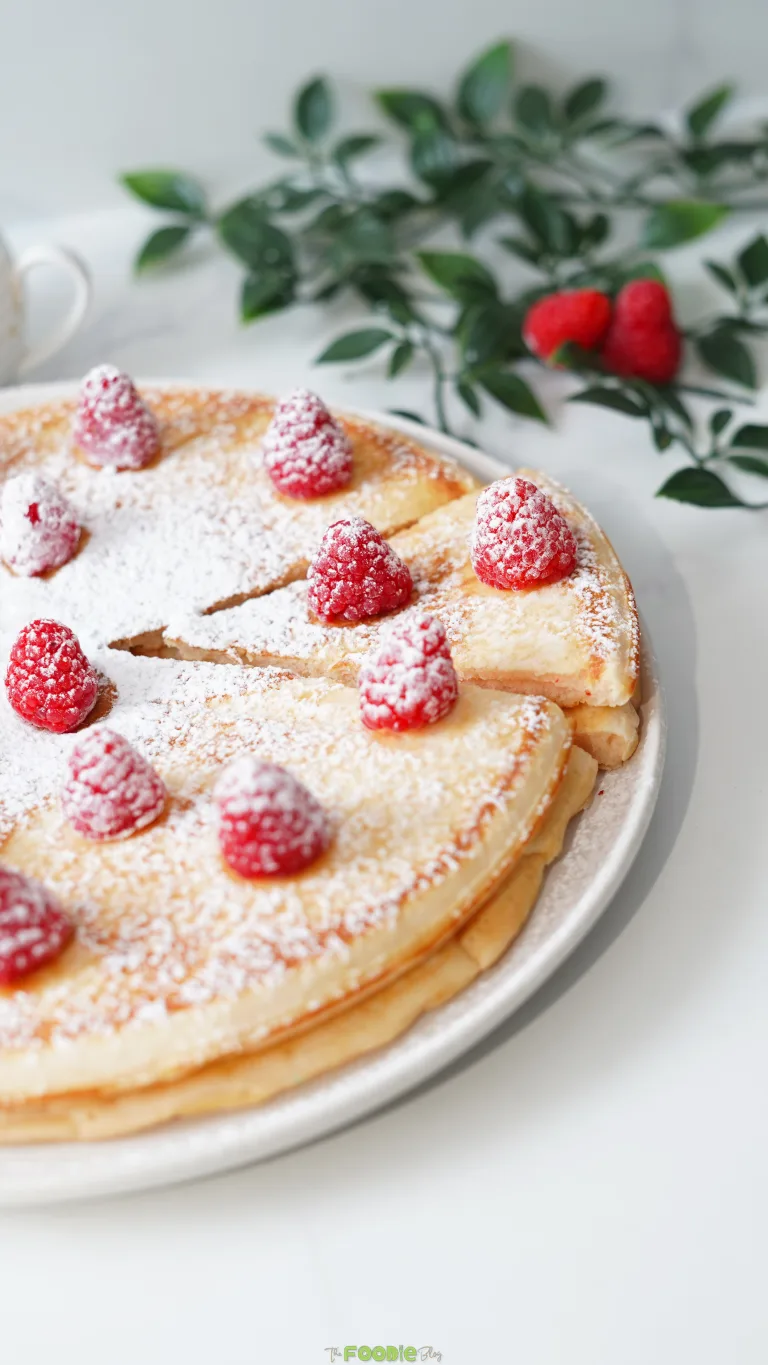 Giant Pancakes dusted with powdered sugar and topped with fresh raspberries.