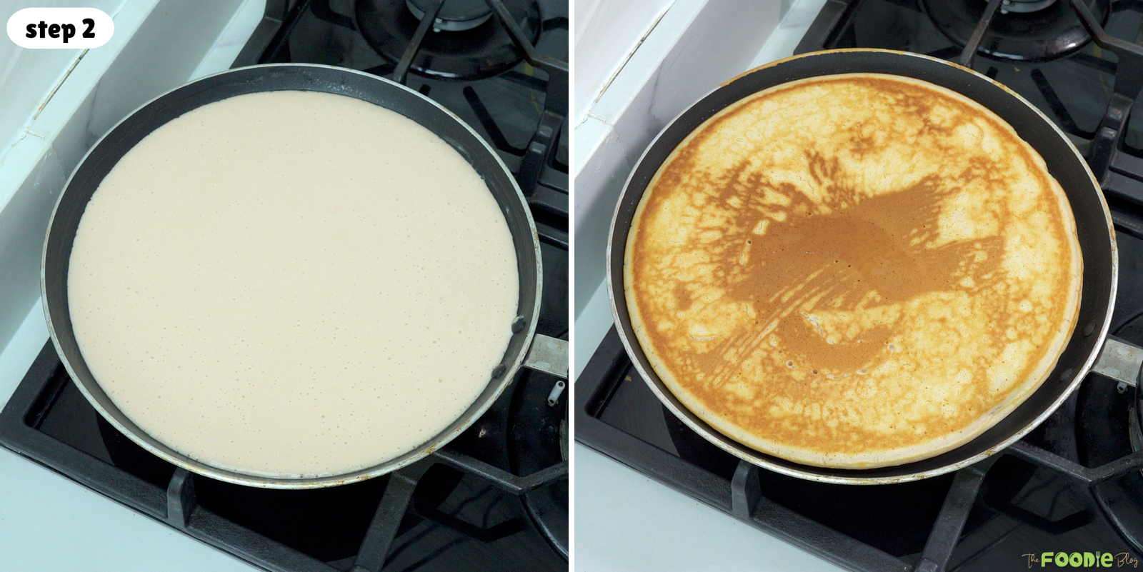Large pancake batter cooking in a skillet before and after flipping.