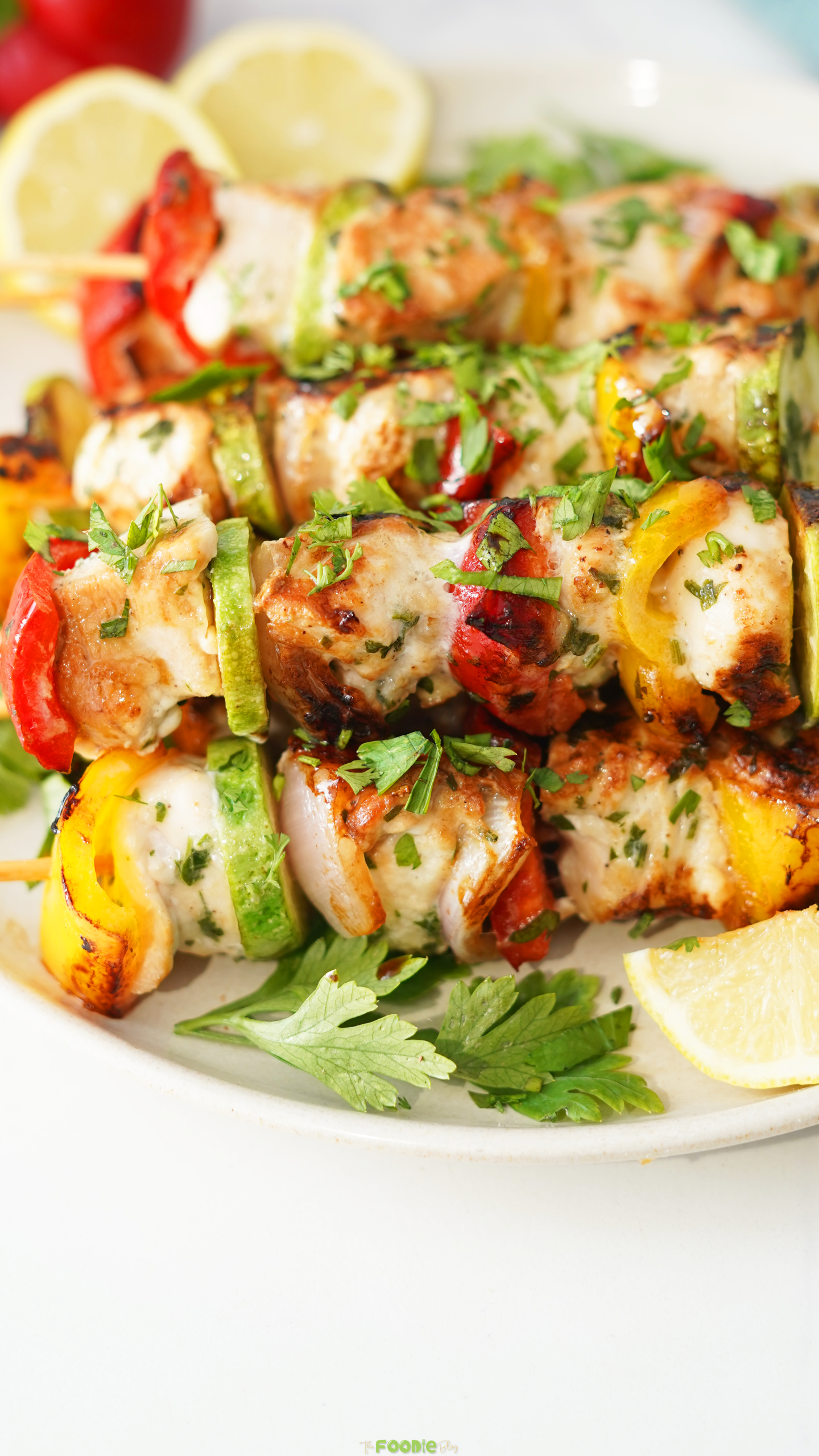 Close-up of grilled Chicken Kabobs with bell peppers, zucchini, red onion, parsley, and lemon wedges.