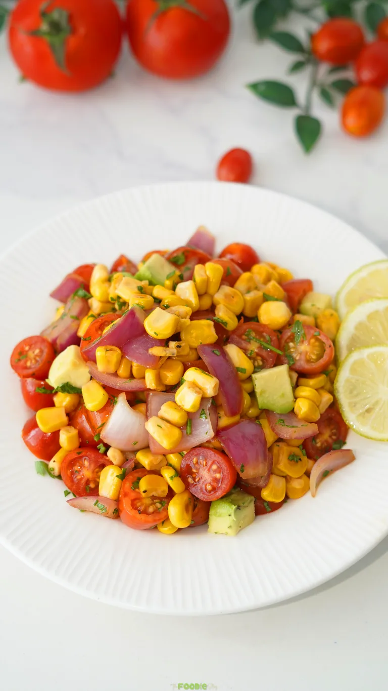 Grilled corn salad with avocado, cherry tomatoes, red onion, parsley, and fresh lime on a white plate.