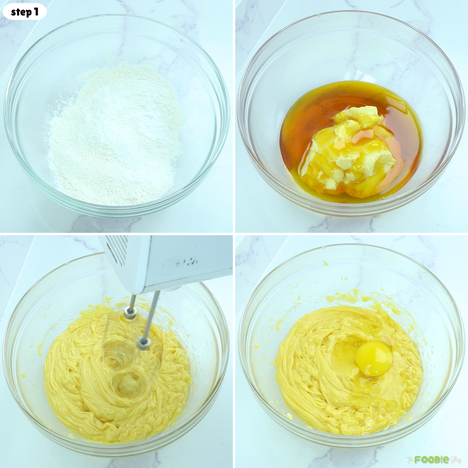 Flour mixture, butter and honey being creamed, and eggs added for Honey Cake batter.