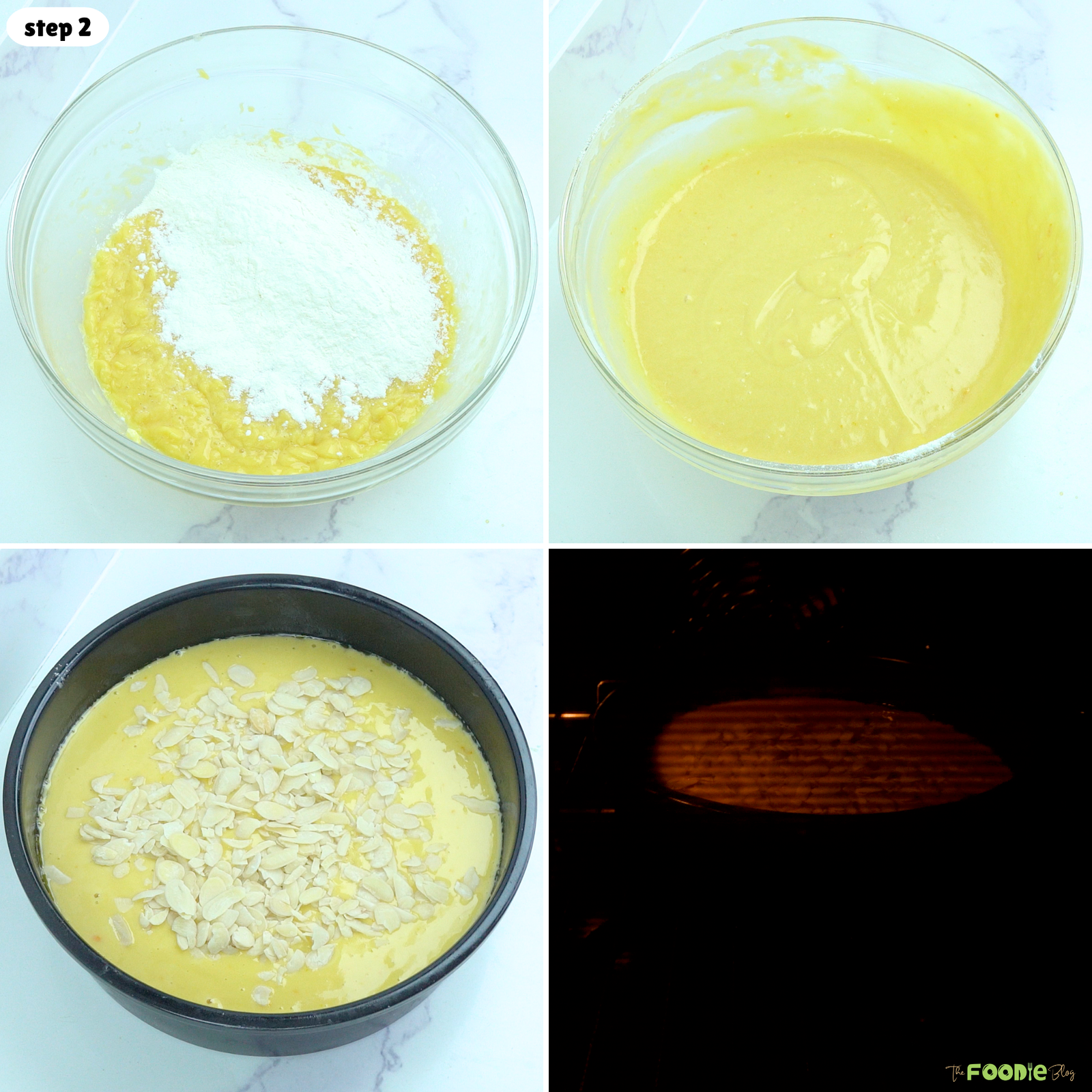 Flour mixed into Honey Cake batter, batter in a round pan, sliced almonds added, and cake baking in oven.