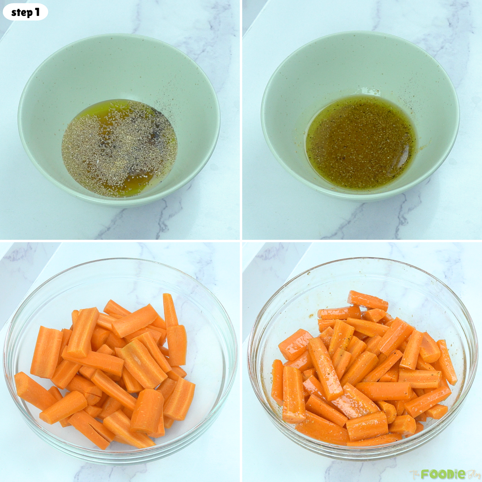Step-by-step process for mixing honey, olive oil, garlic powder, salt, and pepper, then coating carrots.