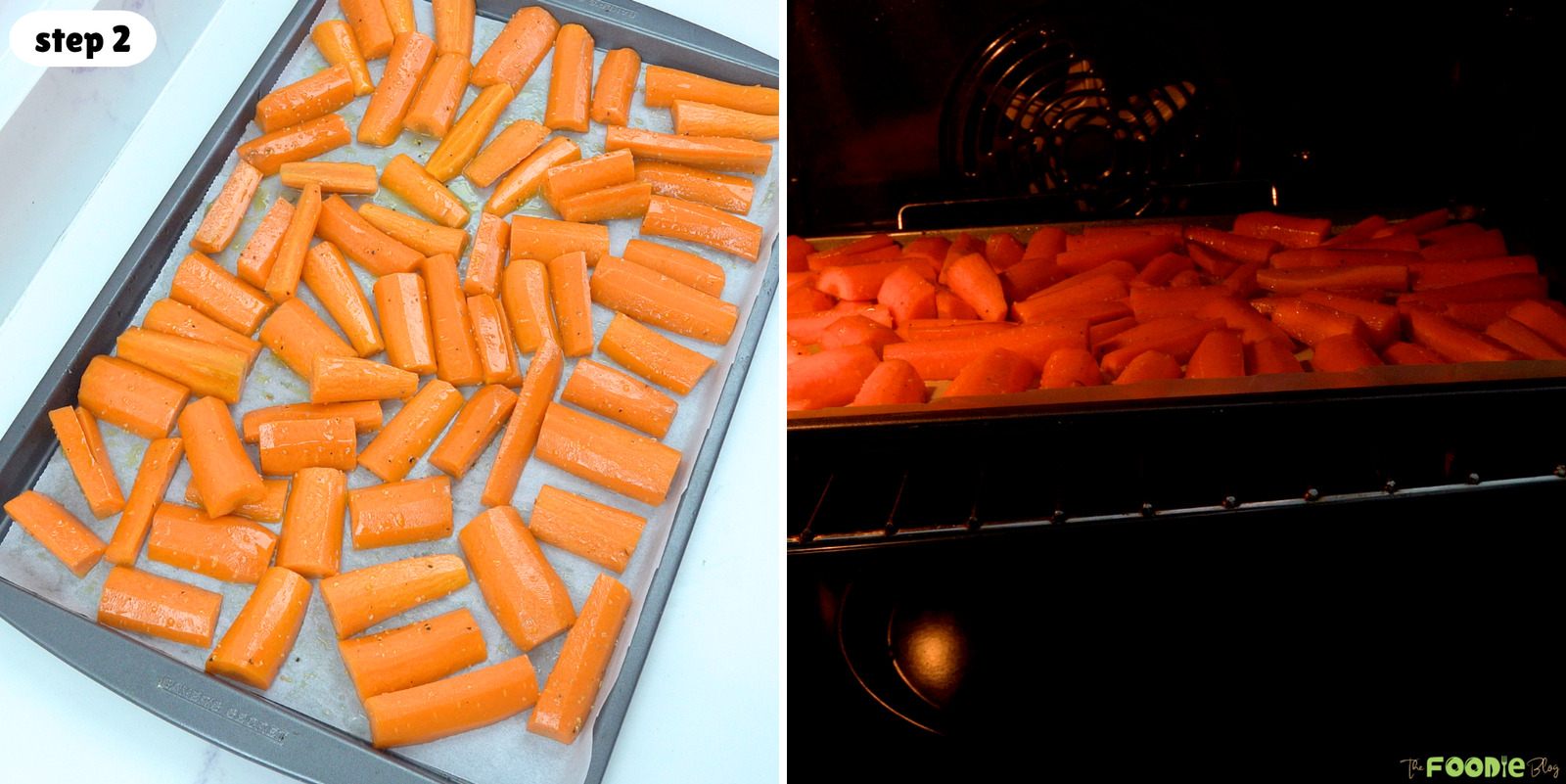 Step-by-step process showing carrots spread on a baking sheet and roasted in the oven.