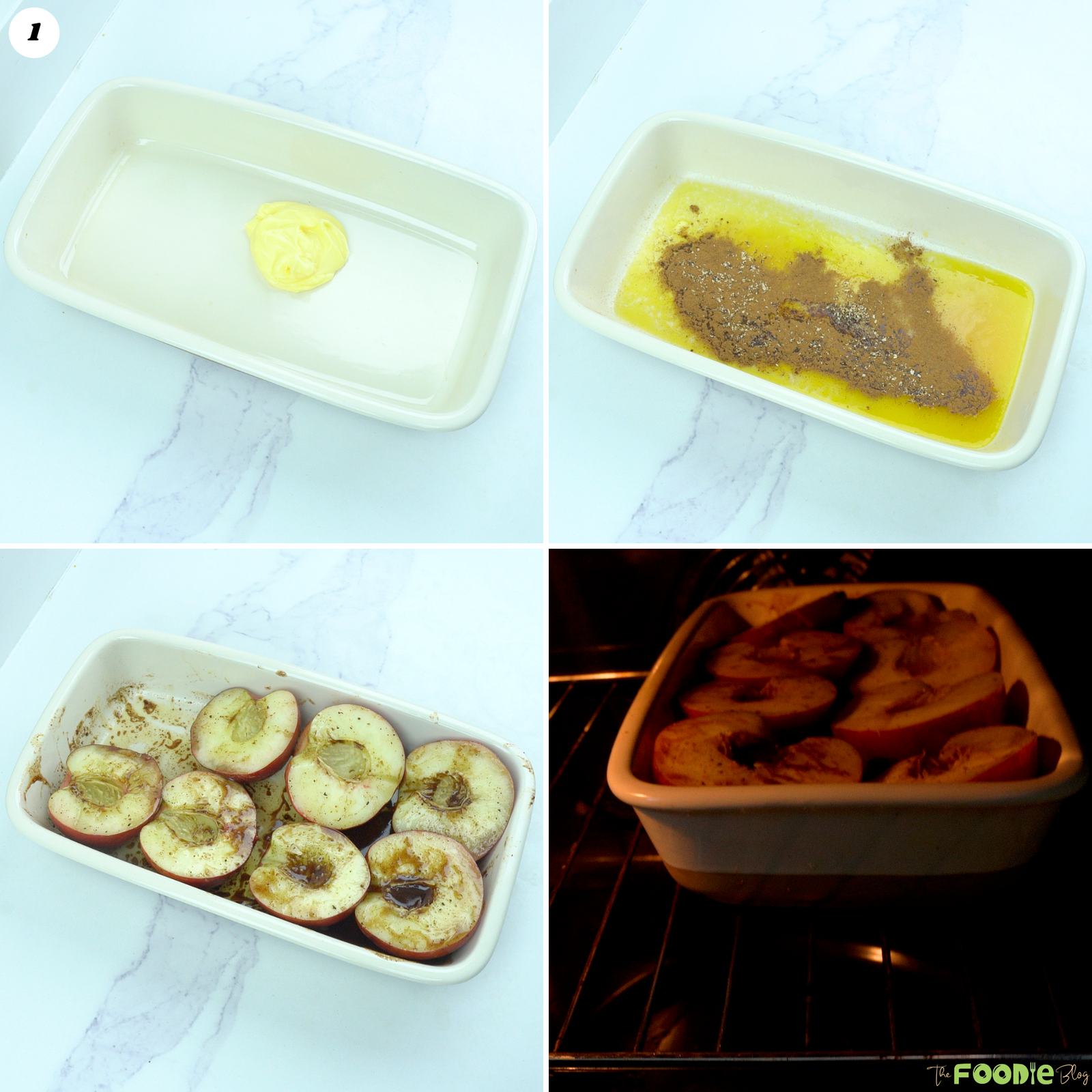 Step-by-step process of mixing honey cinnamon butter, coating peach halves, and baking them.