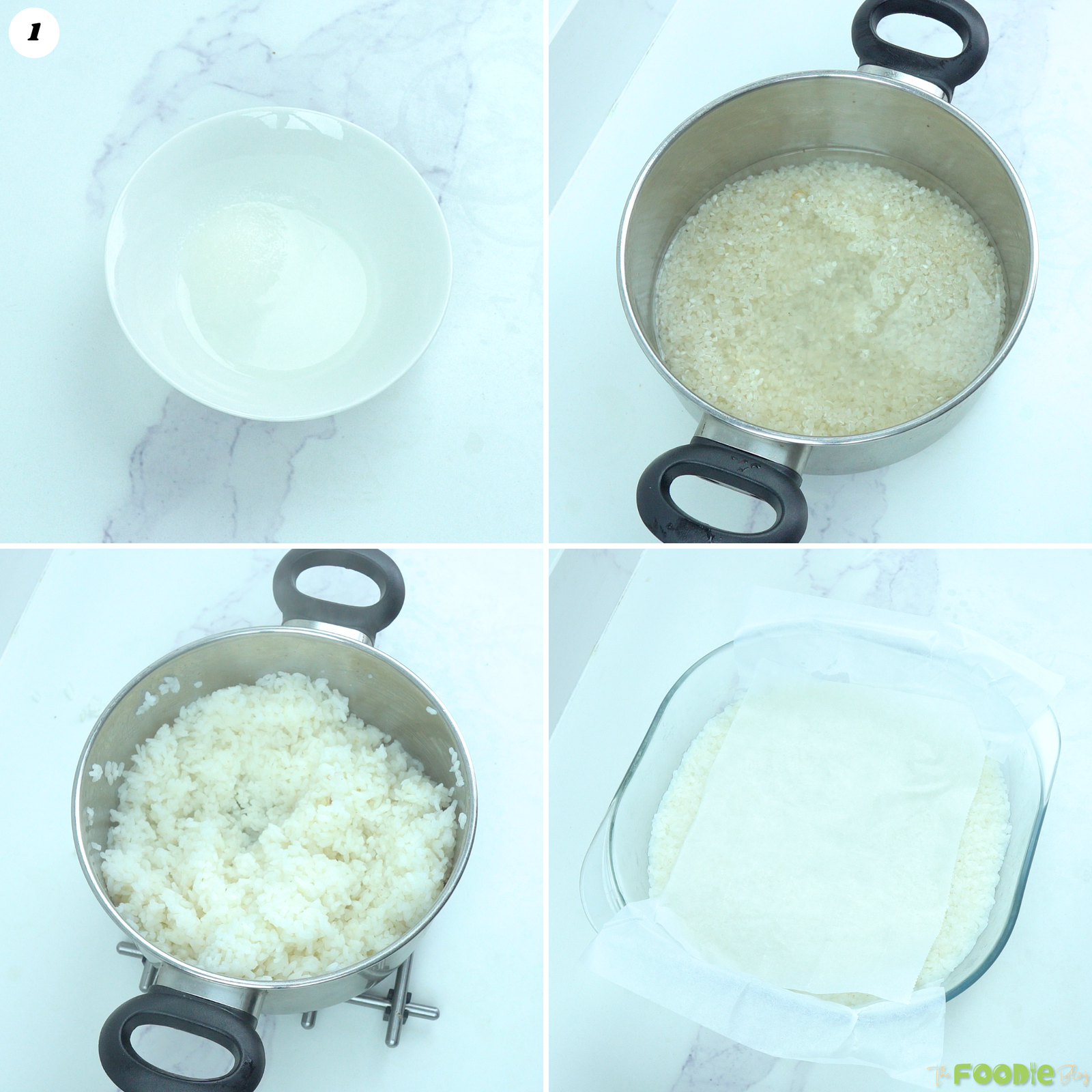 Step-by-step collage showing rice seasoning, cooking sushi rice, and pressing it into a parchment-lined dish.