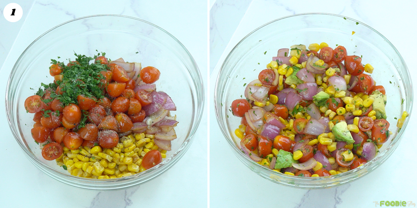 Charred corn, cherry tomatoes, red onion, parsley, and avocado being gently mixed in a glass bowl.