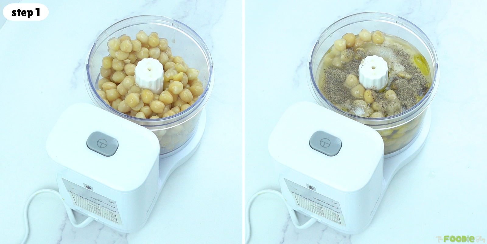 Canned chickpeas and hummus ingredients added to a food processor before blending.