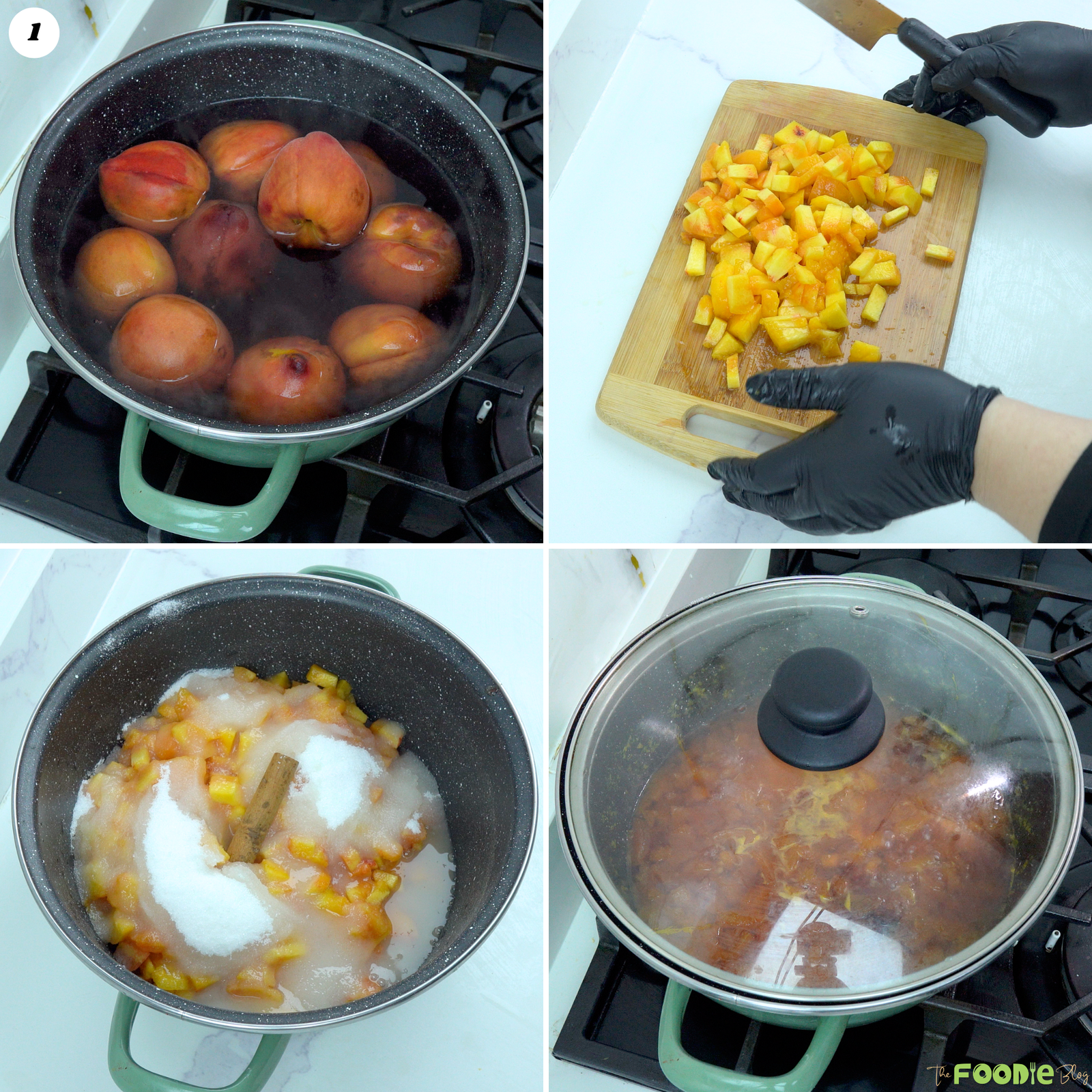 Step-by-step process for making peach preserves by blanching, chopping, and cooking peaches with sugar.