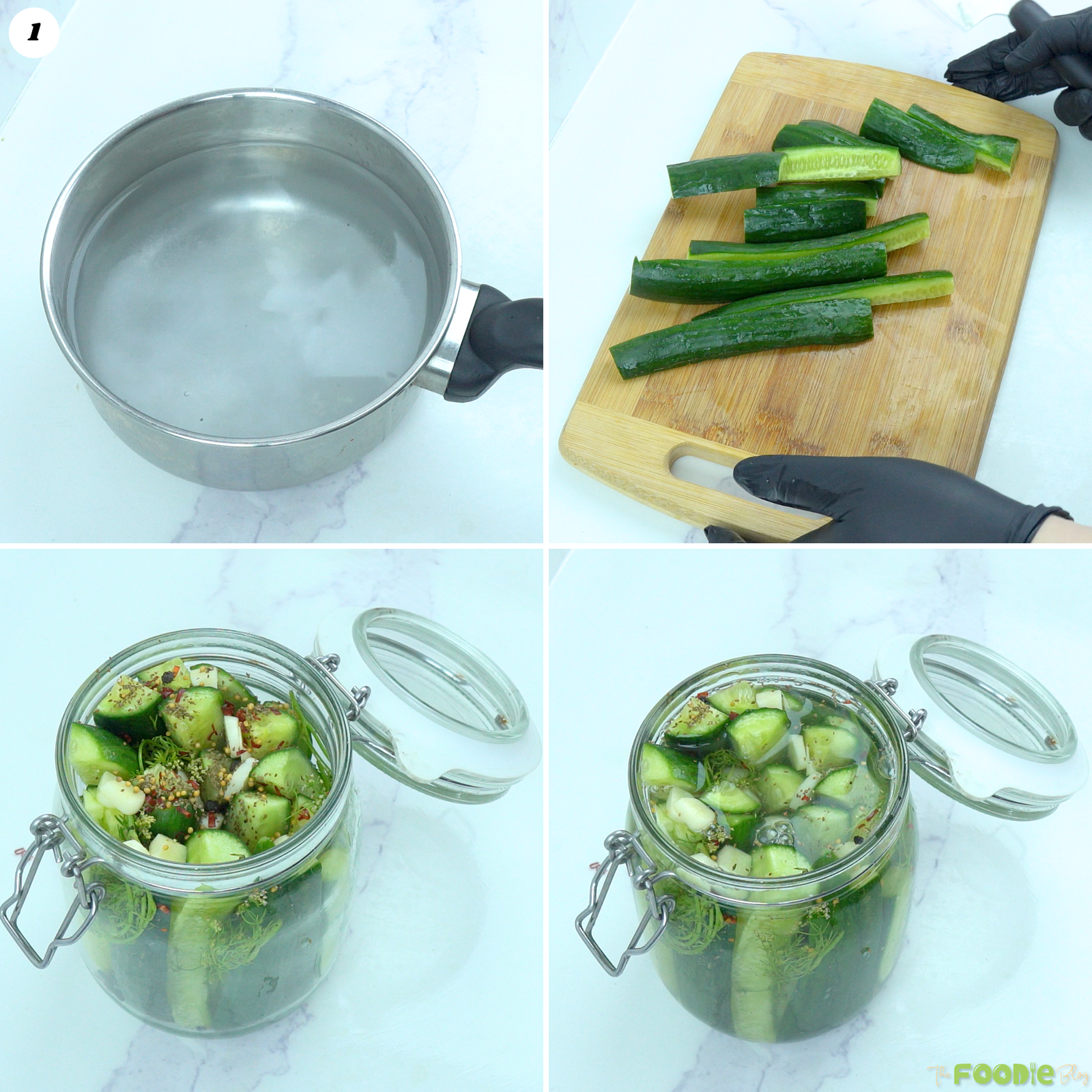 Step-by-step collage showing vinegar brine, cut cucumbers, cucumbers packed with dill and spices, and brine poured into the jar.