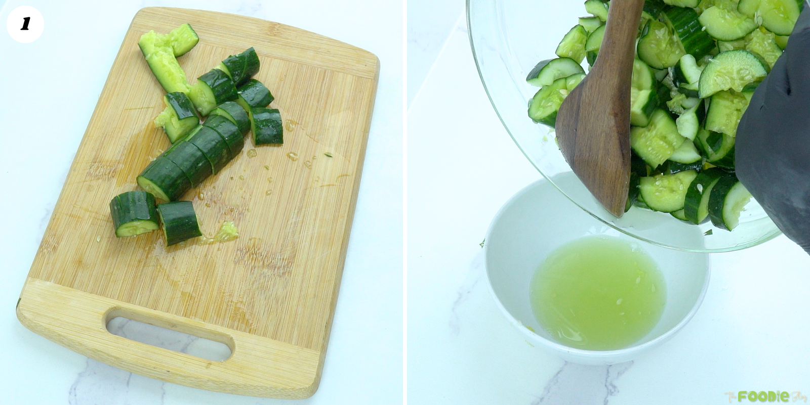 Cucumbers being smashed, cut into chunky pieces, and drained before making spicy cucumber salad.