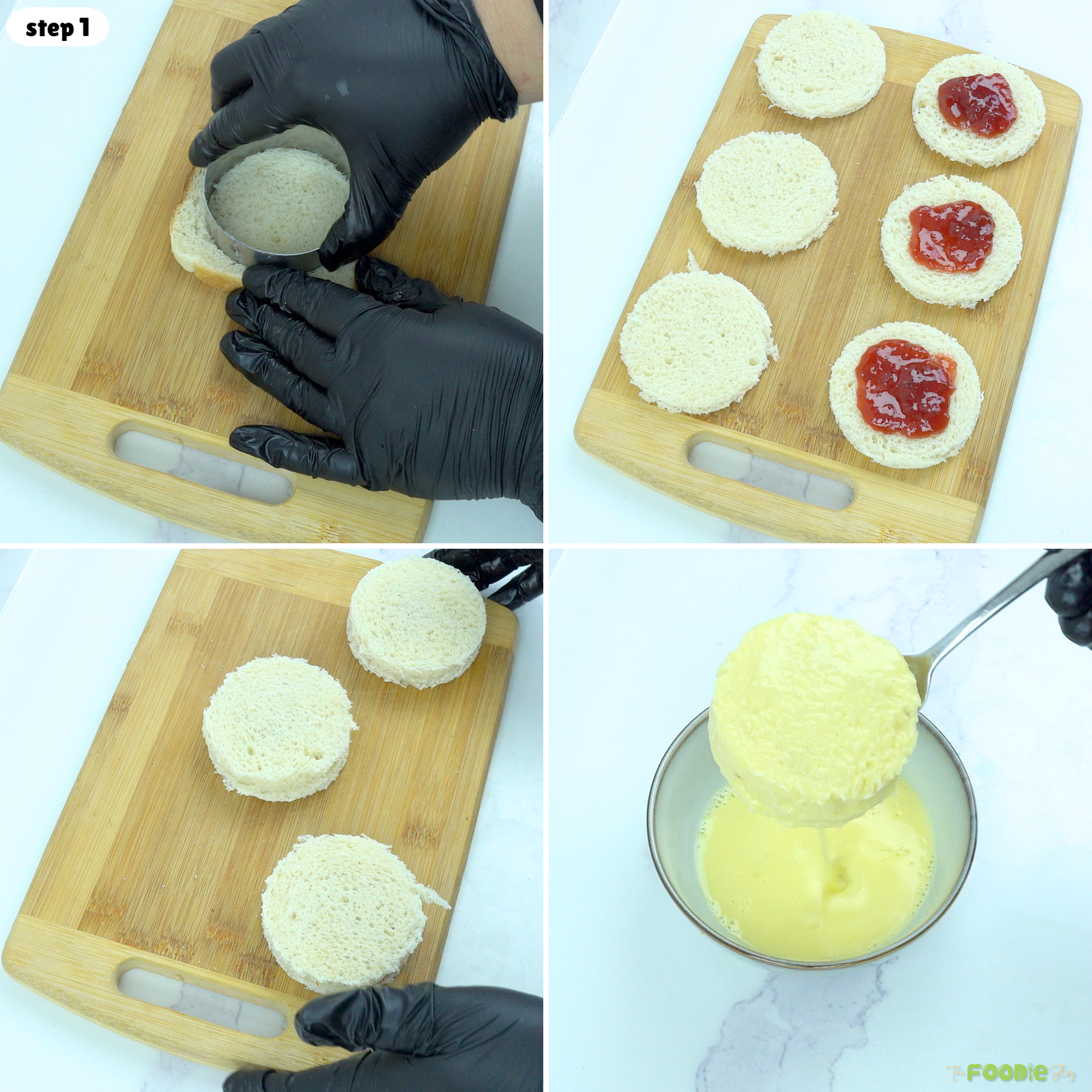 Bread rounds filled with strawberry jam, sealed into sandwiches, and dipped in an egg and milk mixture.