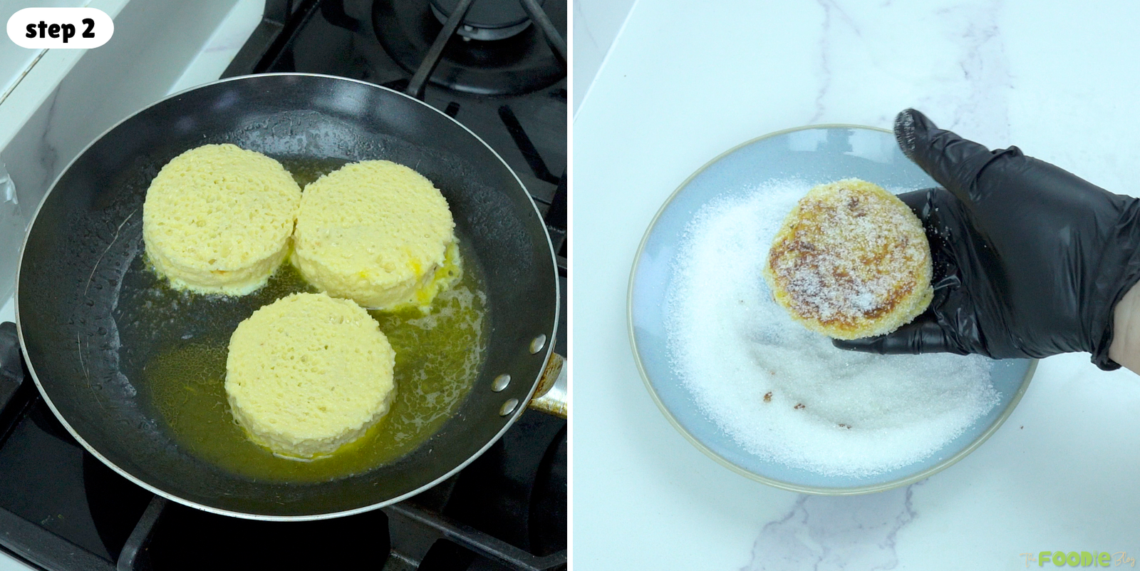 Jam-filled French toast rounds frying in butter and being coated in superfine sugar.