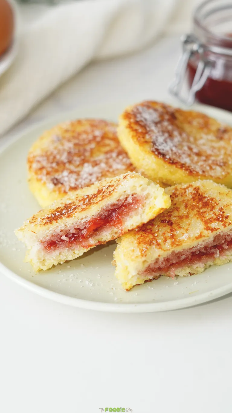 Vertical close-up of sugar-coated French toast rounds with strawberry jam filling.