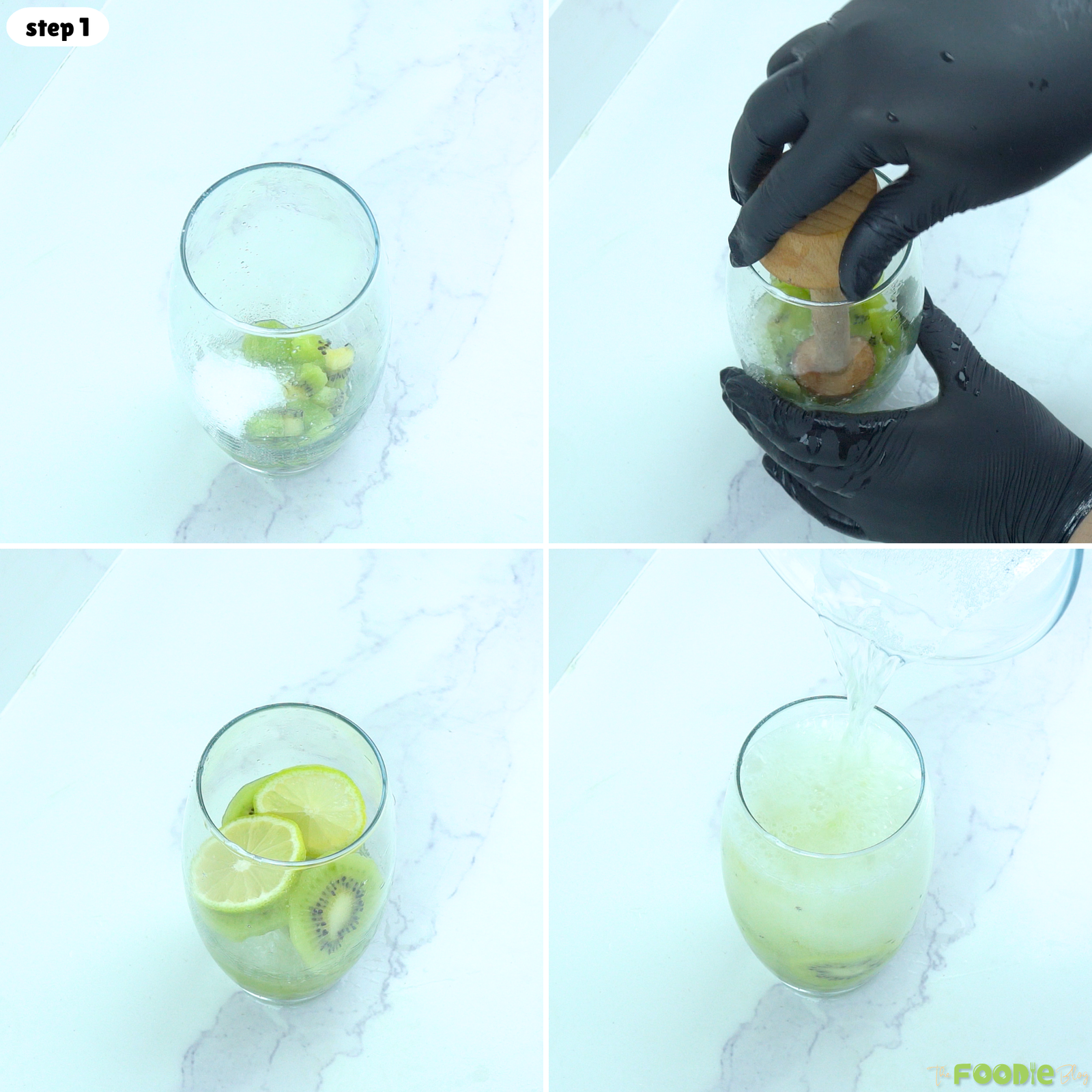 Step-by-step process of muddling kiwi with sugar, adding lime, and pouring Sprite into a glass.