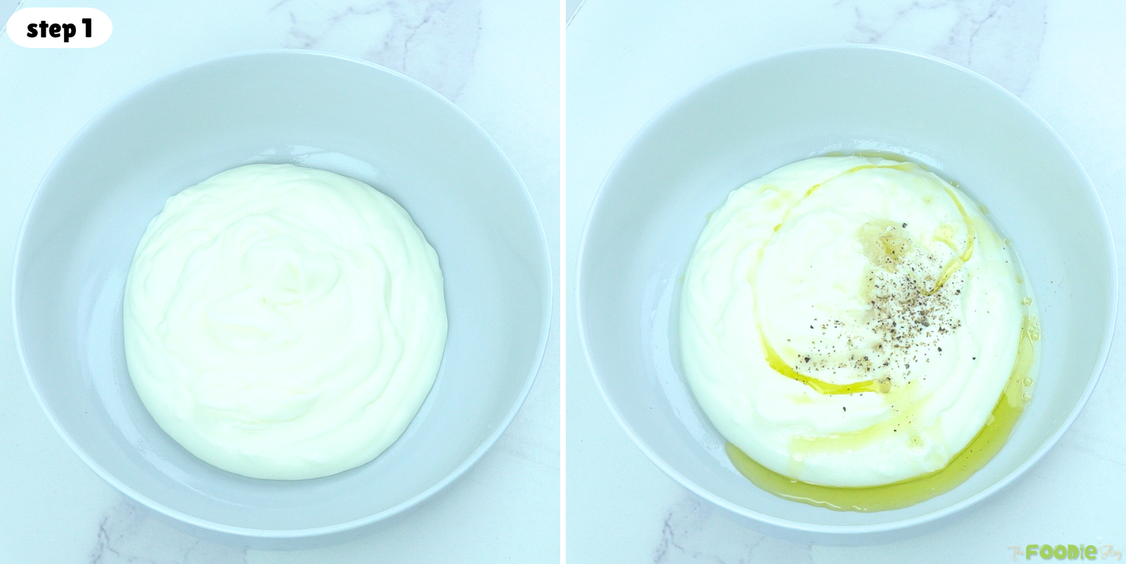 Step-by-step collage showing plain yogurt in a bowl and yogurt topped with olive oil, garlic, and black pepper.