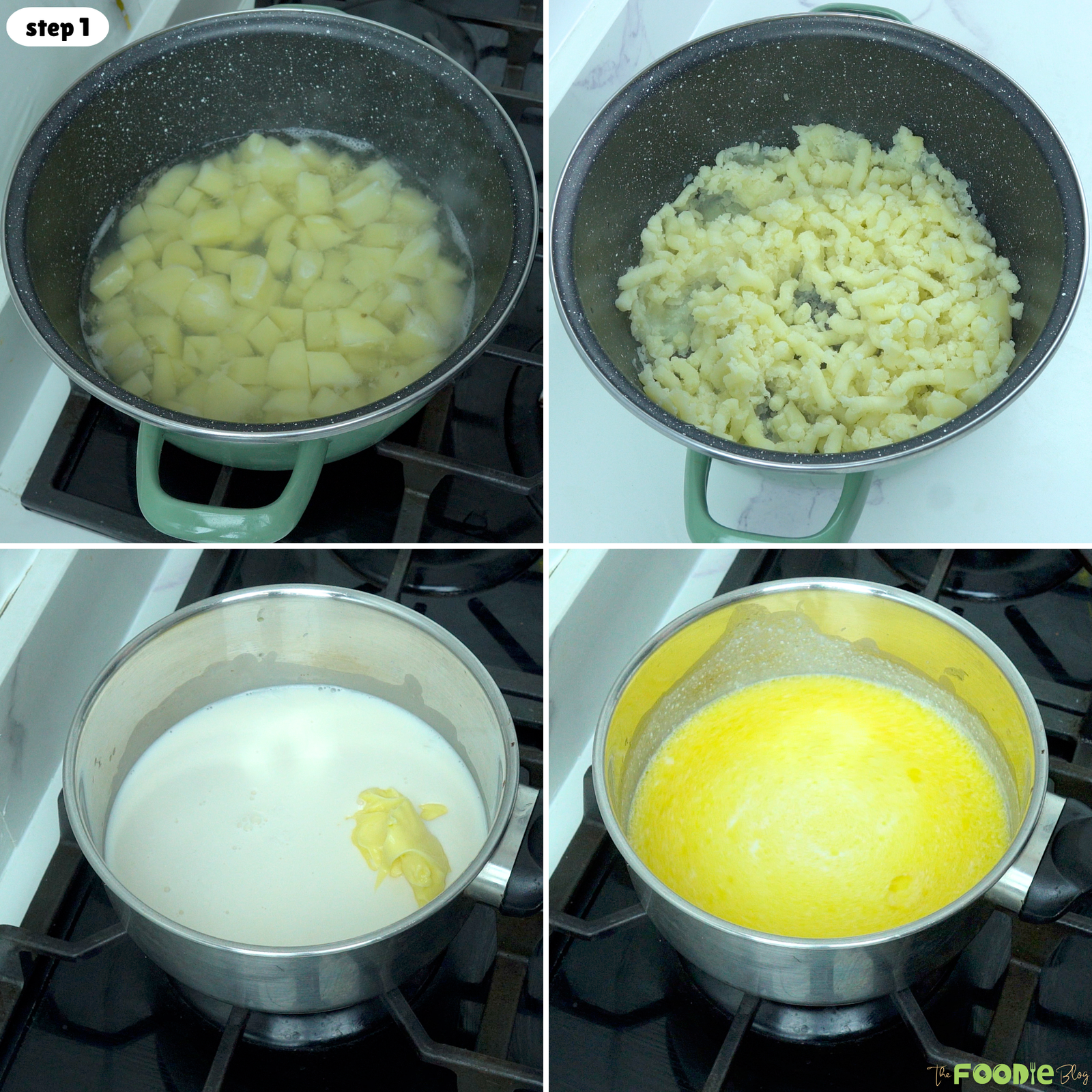 Step-by-step collage showing potatoes boiling, drained potatoes, and warm cream with butter.