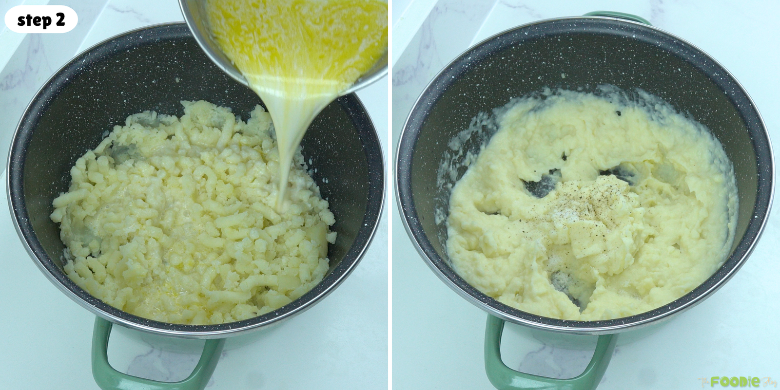 Step-by-step collage showing warm cream and butter being poured into mashed potatoes with seasoning.