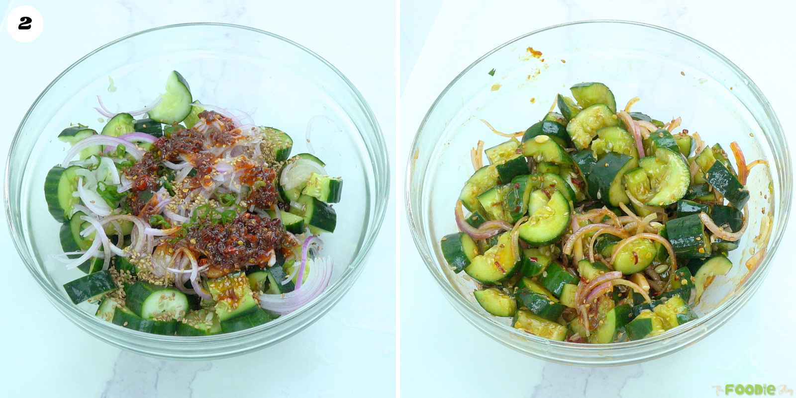 Smashed cucumbers mixed with red onion, green onions, chili crisp, soy sauce, sesame oil, and sesame seeds.
