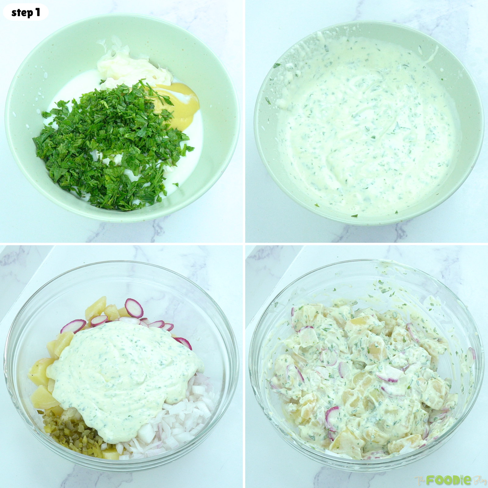 Step-by-step process showing Potato Salad dressing mixed with parsley, mayo, Greek yogurt, mustard, and vinegar, then combined with potatoes, radishes, onion, and pickles.