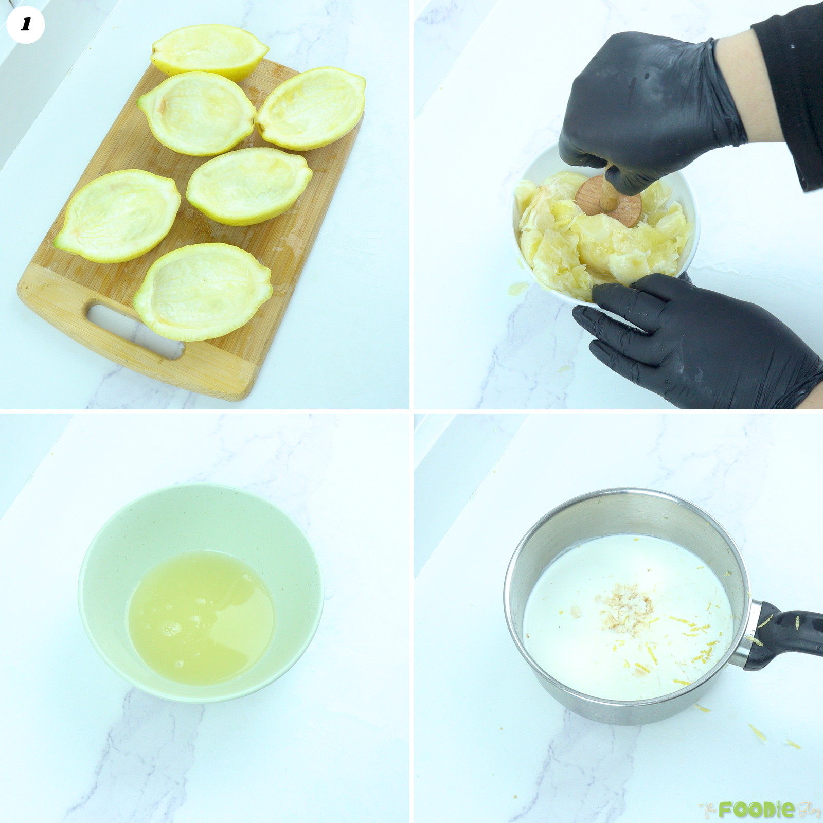 Step-by-step collage showing hollow lemon shells, pressed lemon pulp, strained juice, and cream with lemon zest.