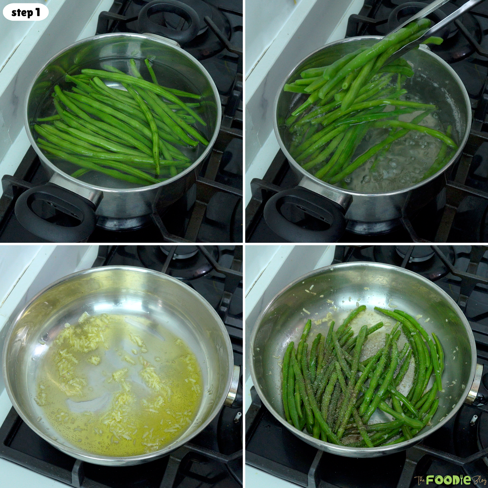 Green beans blanching in boiling water, garlic cooking in olive oil, and beans sautéing in a skillet.