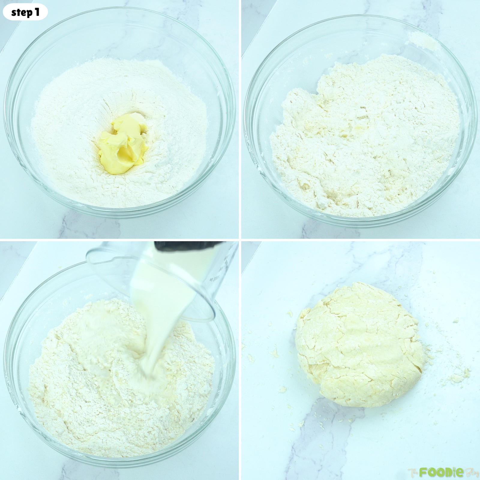 Cold butter mixed into self-rising flour, milk added, and dough formed for homemade scones.