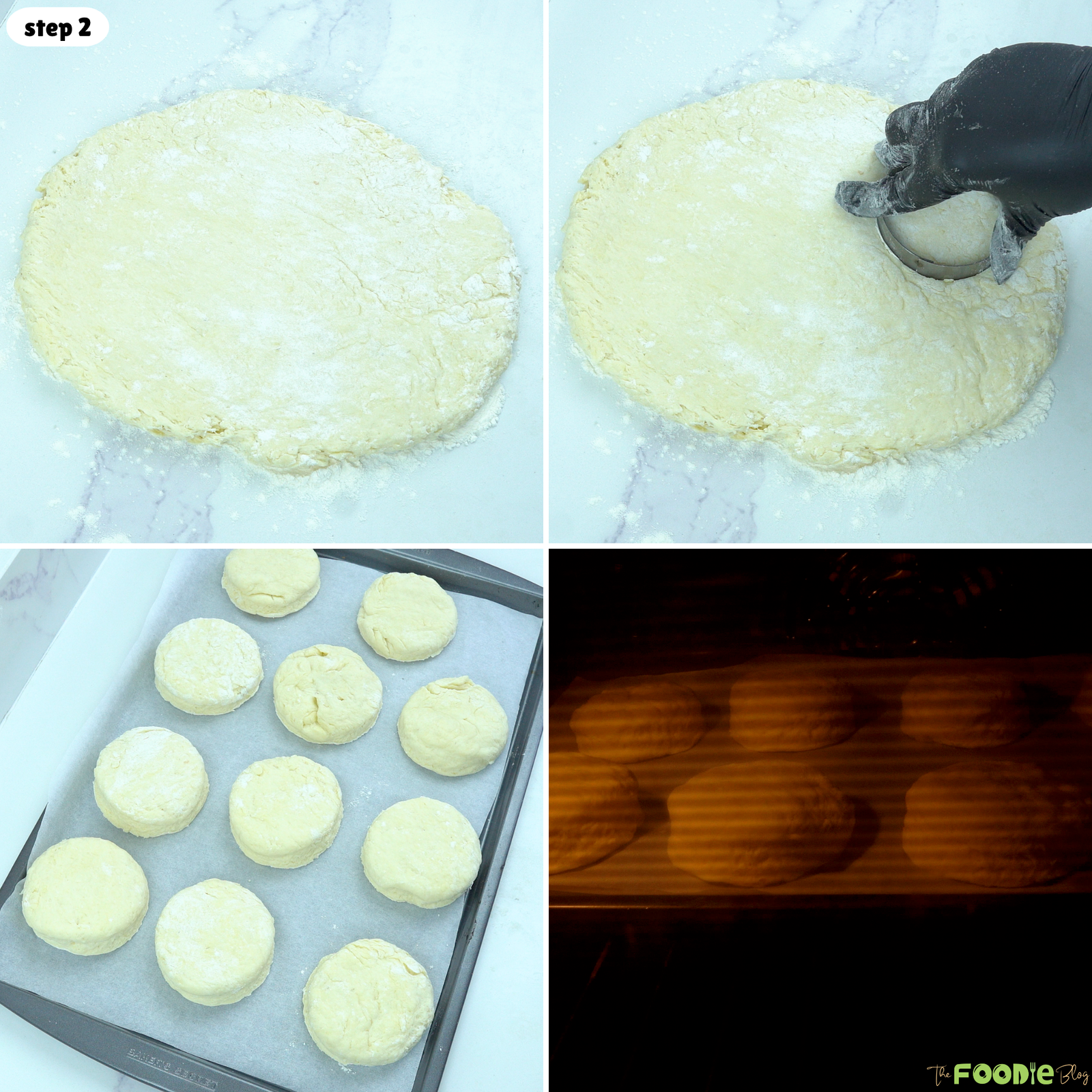 Scone dough rolled out, cut into rounds, placed on a tray, and baked in the oven.