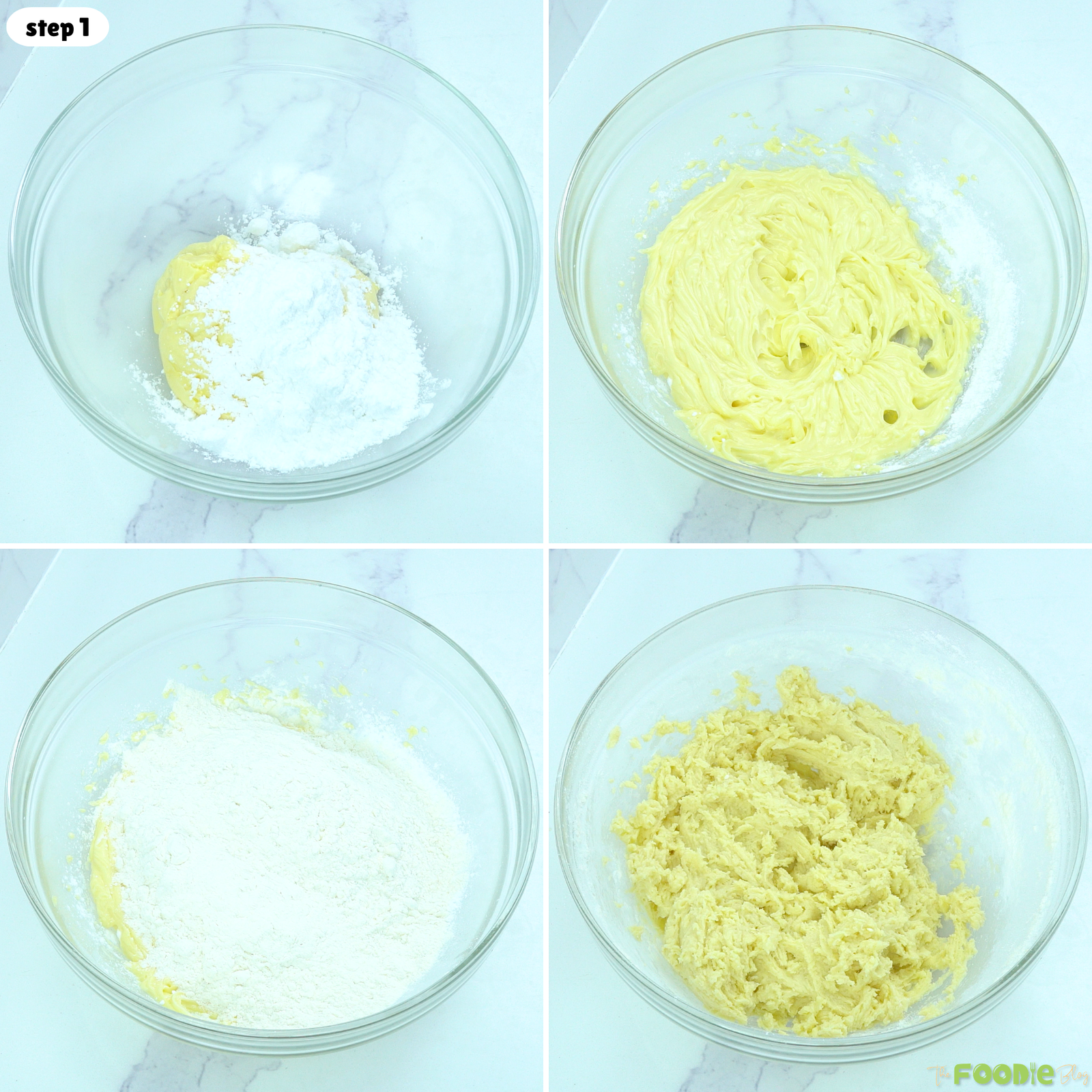 Butter and powdered sugar mixed together before flour is added to make shortbread dough.