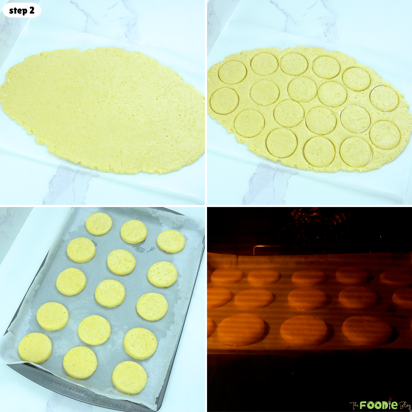 Shortbread dough rolled out, cut into rounds, and baked on a parchment-lined tray.