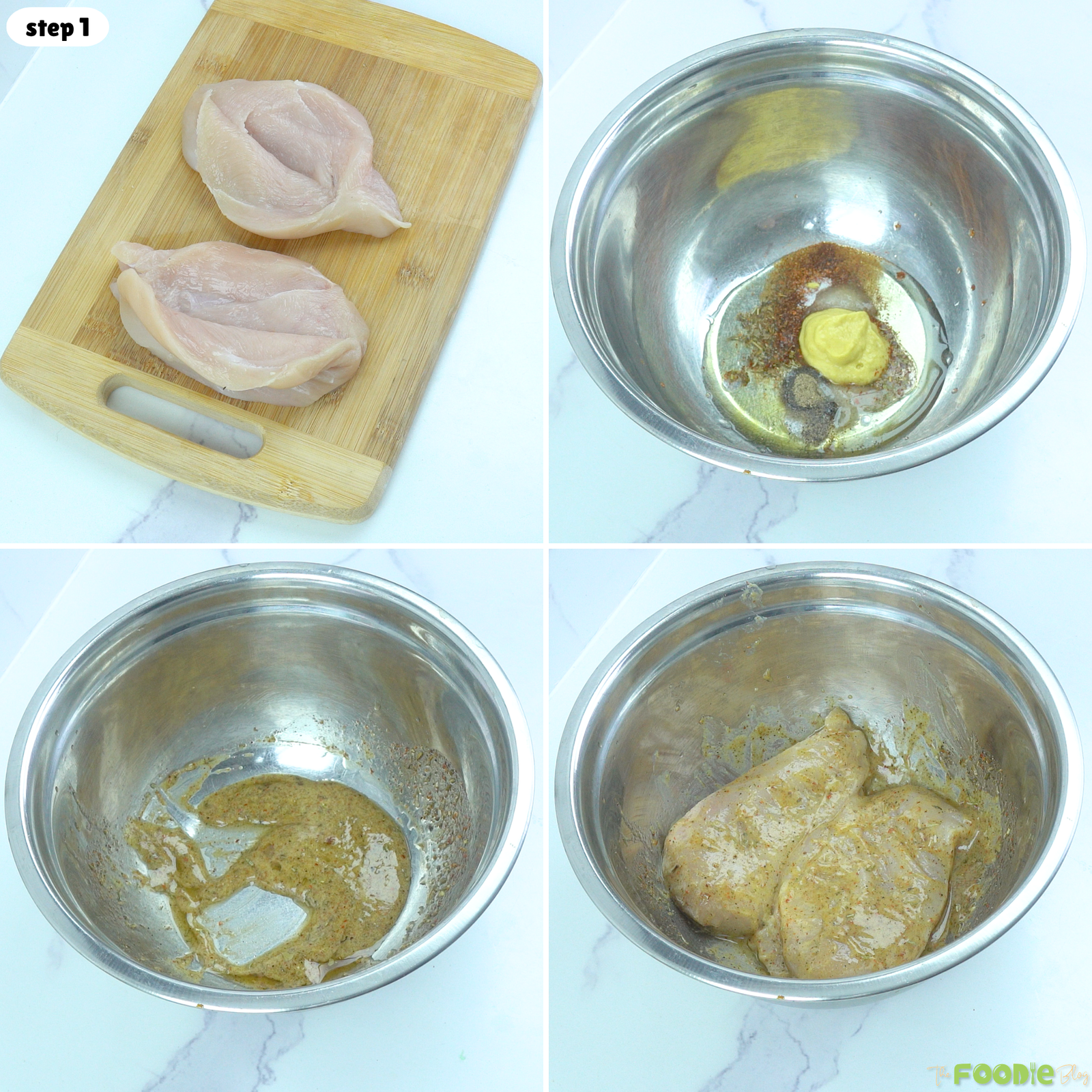 Chicken breasts coated with a Dijon mustard Italian herb dressing before stuffing.