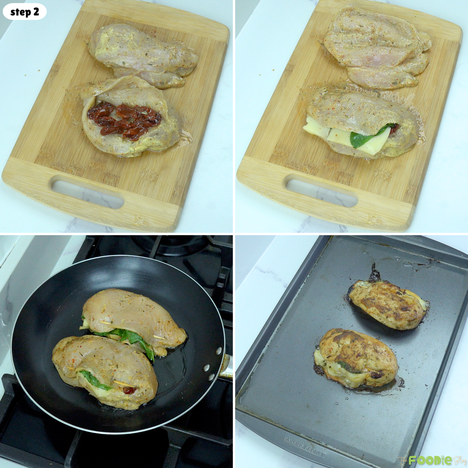 Chicken breasts filled with sun-dried tomatoes, spinach, and mozzarella, then seared and baked.