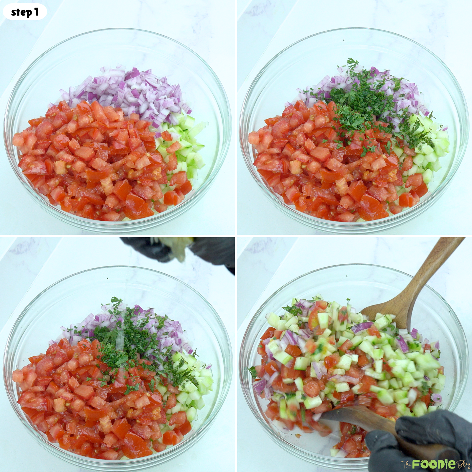 Chopped tomatoes, cucumbers, red onion, mint, and parsley in a bowl before mixing tomato cucumber salad.