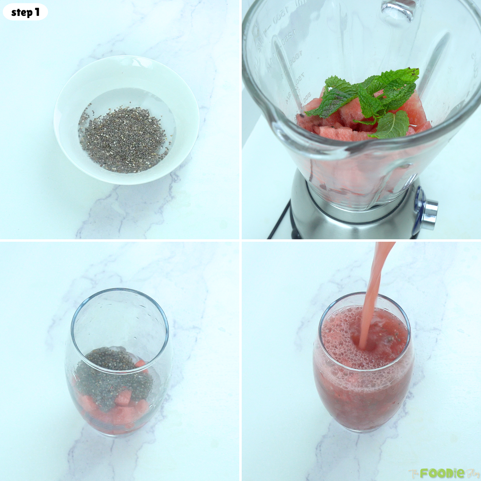 Step-by-step collage showing soaked basil seeds, blended watermelon and mint, and watermelon lemonade being poured into a glass.