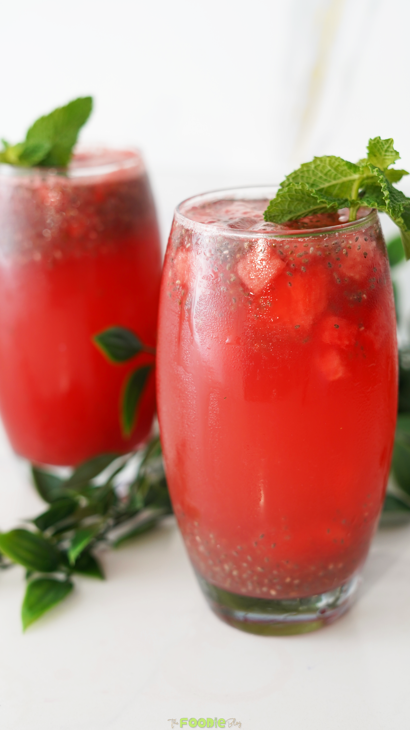 Two glasses of watermelon lemonade served cold with mint garnish.