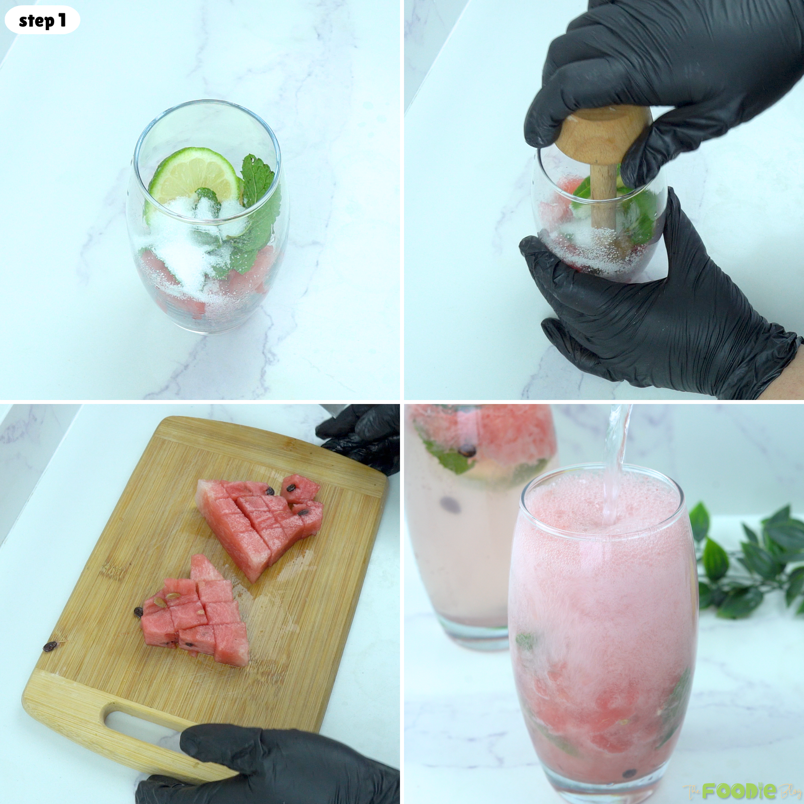 Step-by-step collage showing watermelon, lime, mint, and sugar muddled in a glass before adding soda.