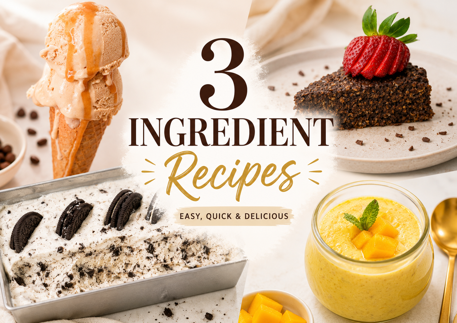 3 ingredient recipes with easy desserts including ice cream, chocolate cake, Oreo dessert, and mango mousse